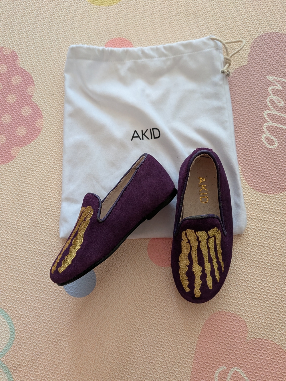Purple Suede Kids Loafers with Gold Embroidery